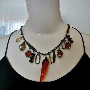 VINTAGE Hand made Earth Tone Resin Beaded Necklace with accent charms